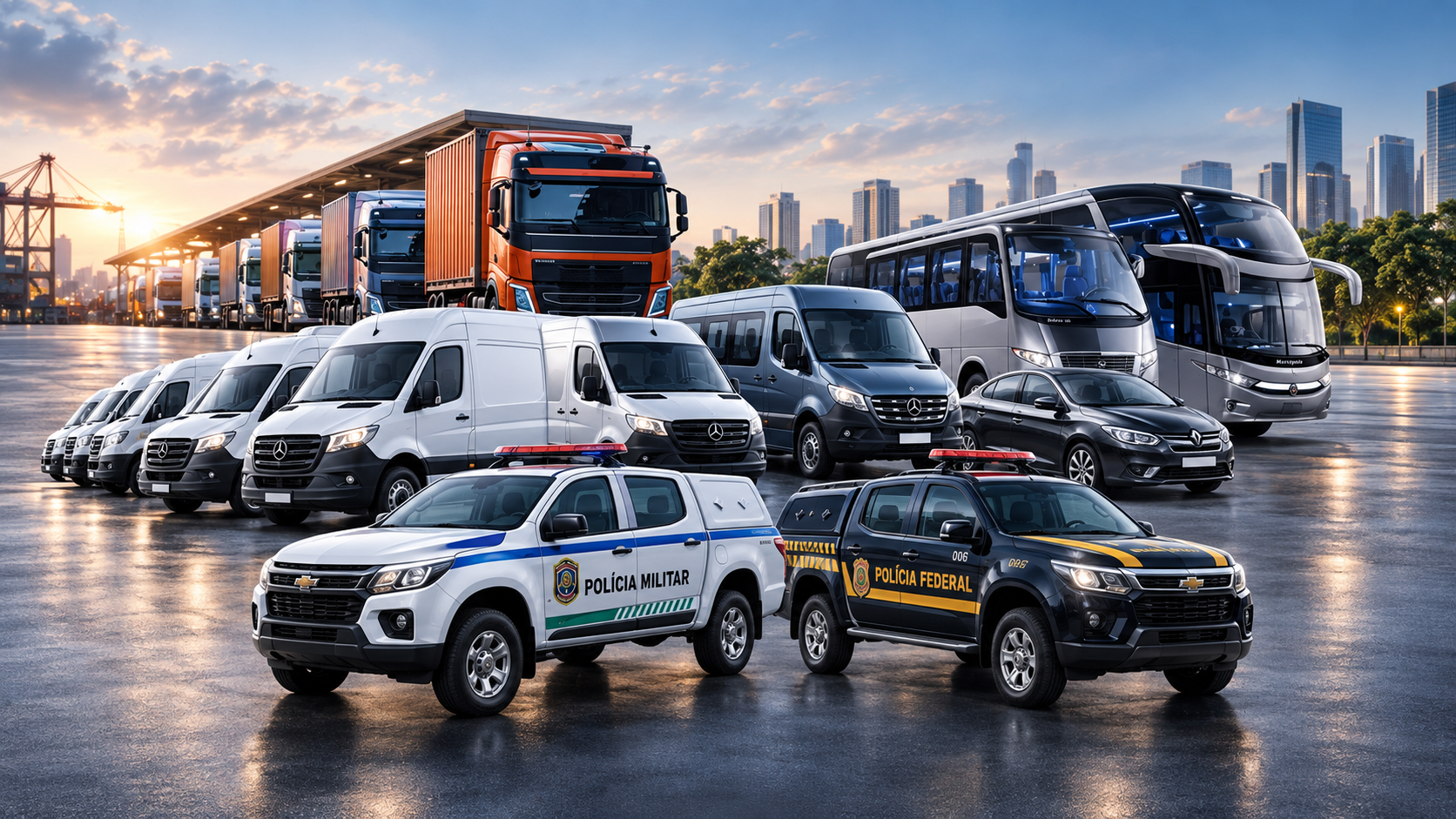 Frota diversificada CITYCAR com caminhoes, vans, veiculos de passeio, onibus e viaturas